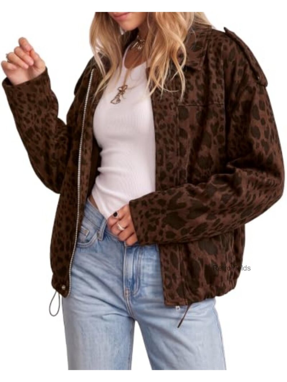 Faux Suede Animal Print Bomber Jacket Zip Up Loose Fit Casual Layer